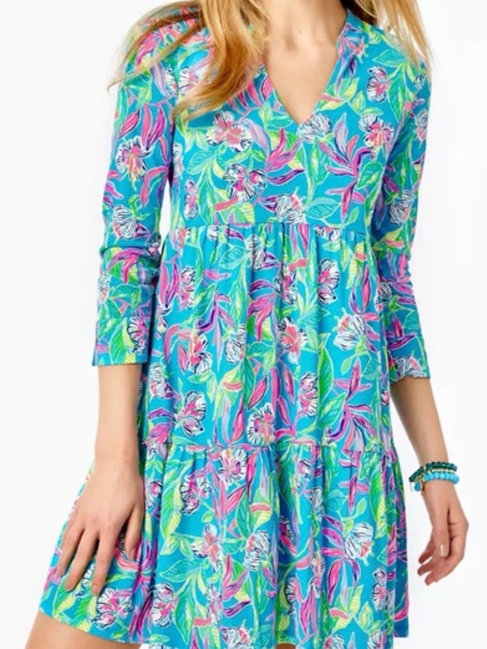 Lilly Pulitzer Alaina 3/4 Sleeve Dress Floral Pink Green Blue XXL
